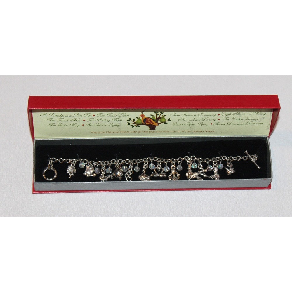 12 Days of Christmas Charm Bracelet sterling silver finish toggle clasp with box